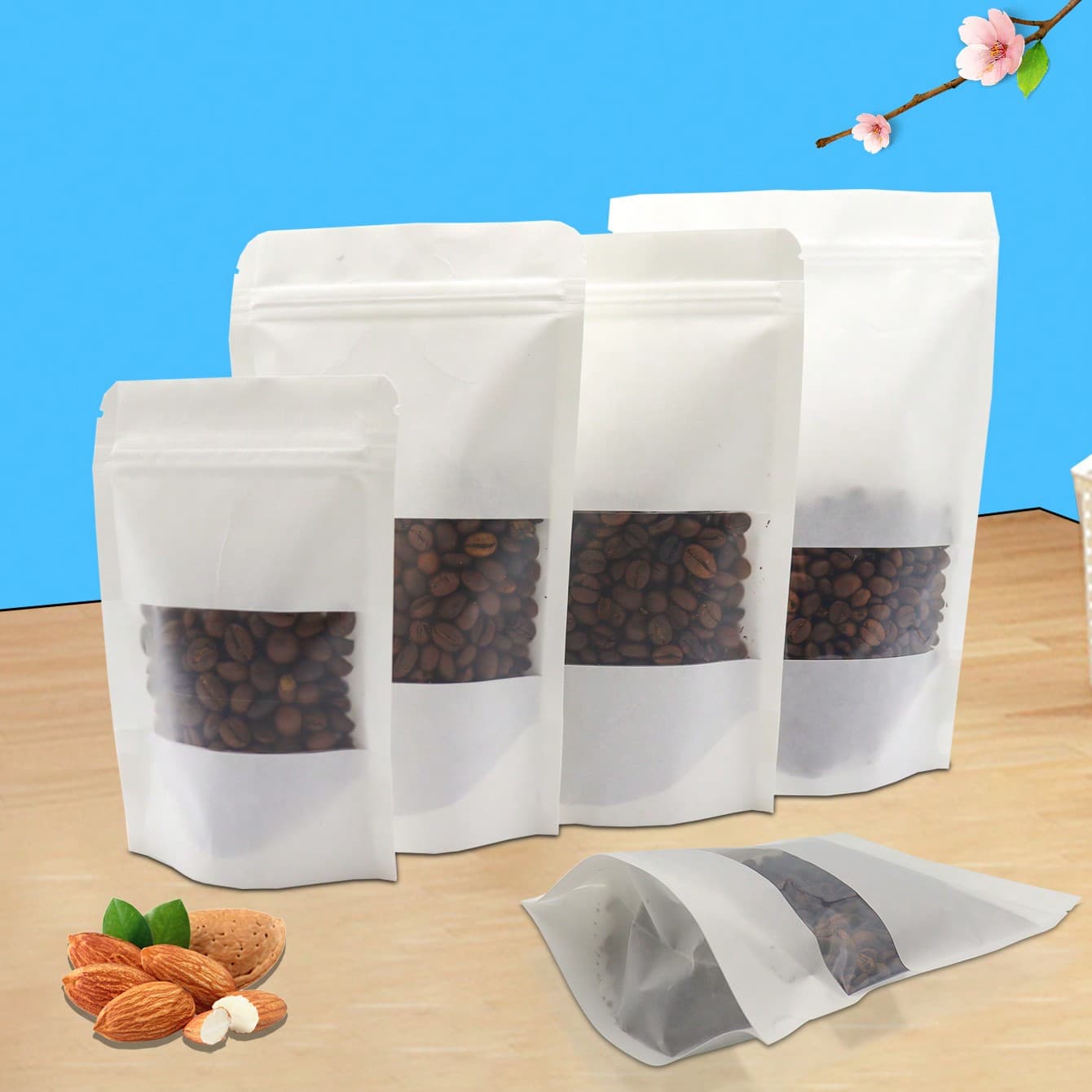 50 sacs en papier Kraft blanc refermables avec fenêtre, sachet debout zippé de stockage alimentaire pour emballages polyvalents de produits,